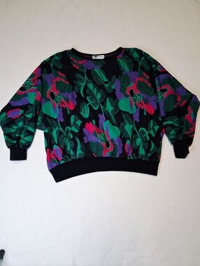 Black Floral Knit Pullover with Green, Purple & Pink Blooms